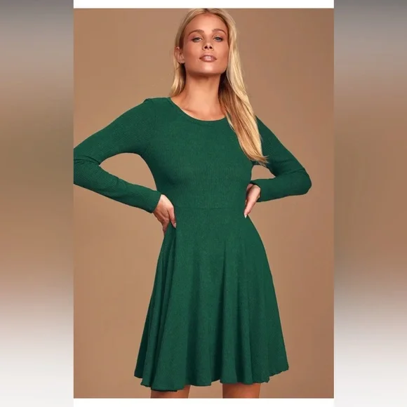 Green Ribbed Knit Long Sleeve Skater Dress | Womens | X-Large (Available in M, L) | Lulus